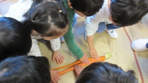 ながいにんじんに触れるこどもたち
