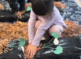 苗が根付くように土を押さえる体験